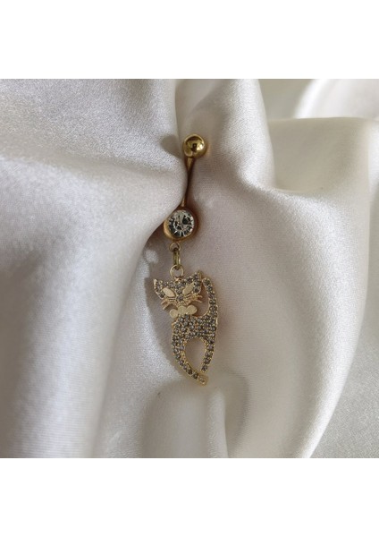 Cerrahi Çelik Zirkon Taşlı Gold Kedi Piercing- Bar Uzunluğu 10 mm - 1 Adet