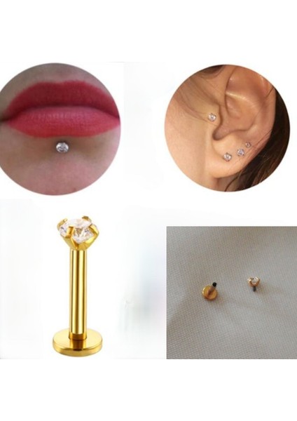 Cerrahi Çelik Gold Tek Taş Piercing Bar Uzunluğu 8mm- (Taş çapı 3mm) fiyatları