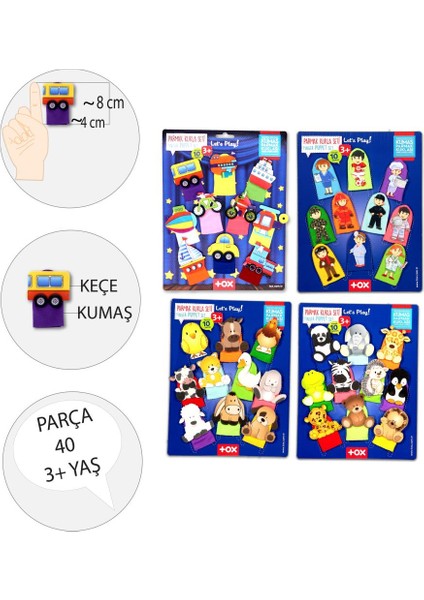 4 Set - 40 Parça Tox Meslekler, Taşıtlar, Evcil ve Vahşi Hayvanlar Parmak Kukla T771 T781 T761 T181
