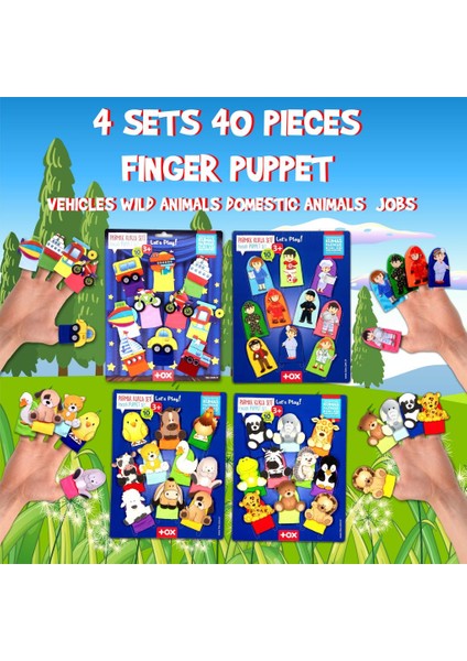 4 Set - 40 Parça Tox Meslekler, Taşıtlar, Evcil ve Vahşi Hayvanlar Parmak Kukla T771 T781 T761 T181