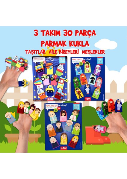 3 Set - 30 Parça Tox Taşıtlar, Aile Bireyleri ve Meslekler Parmak Kukla T181 T751 T761