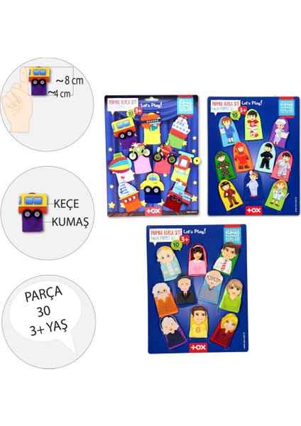 3 Set - 30 Parça Tox Taşıtlar, Aile Bireyleri ve Meslekler Parmak Kukla T181 T751 T761