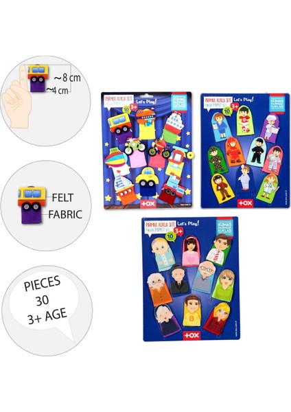 3 Set - 30 Parça Tox Taşıtlar, Aile Bireyleri ve Meslekler Parmak Kukla T181 T751 T761