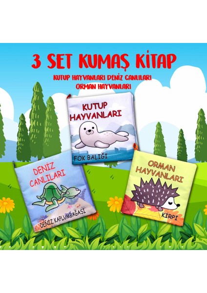 3 Kitap Tox Orman, Deniz ve Kutup Hayvanları Kumaş Sessiz Kitap T055 T056 T059 - Bez Kitap , Eğitici Oyuncak , Yumuşak ve Hışırtılı