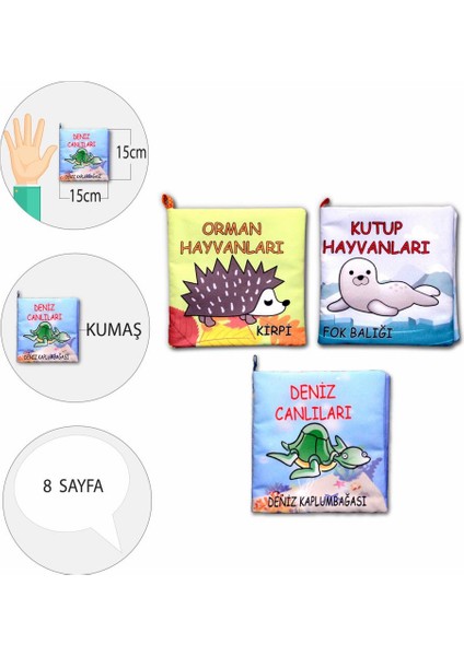 3 Kitap Tox Orman, Deniz ve Kutup Hayvanları Kumaş Sessiz Kitap T055 T056 T059 - Bez Kitap , Eğitici Oyuncak , Yumuşak ve Hışırtılı