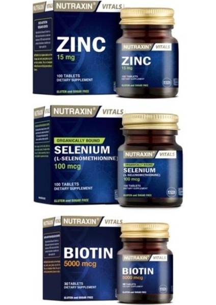 Cilt, Saç,tırnak Sağlığı Için Çinko Takviyesi 15 Mg 100 Tablet+Biotin 30 Tablet+Selenium 100 Tablet