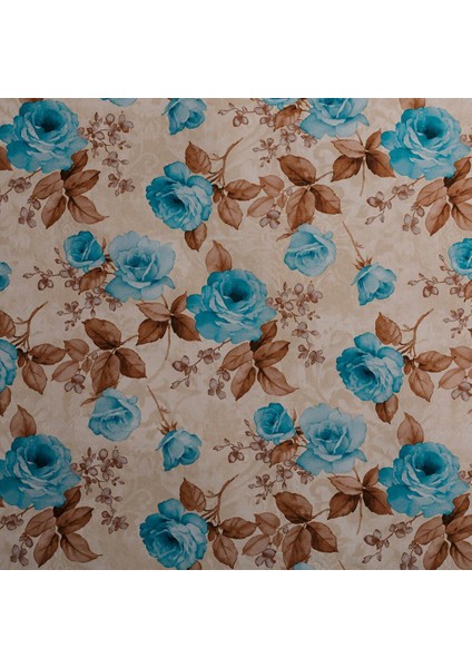 Çikolata Yapraklı Turkuaz Gül Desen Dijital Baskılı Süet Kumaş