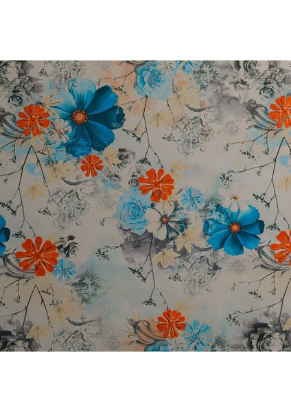 Mavi Turuncu Renkli Çiçekli Dijital Baskılı Süet Kumaş
