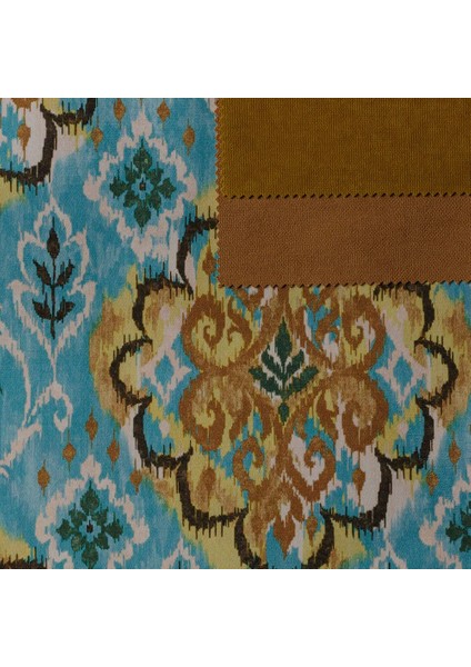 Hardal Mavi Renkli Modern Damask Desen Dijital Baskılı Süet Kumaş