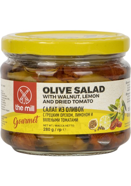 The Mill Gurme Zeytin Salatası 280 gr Cam Kavanoz - Ceviz, Limon ve Kurutulmuş Domates İle - Salatalar, Atıştırmalık ve Kahvaltılık İçin İdeal - Doğal İşlenmiş - Pastörize