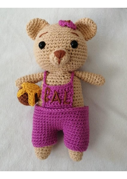 Pembe Tulumlu Ballı Ayıcık Amigurumi Organik Oyuncak