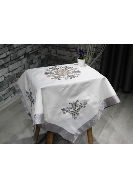 Lale Nakışlı Fiskos Krem Gri 100x100 Cm