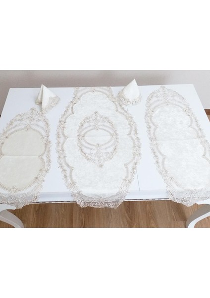 Fransız Güpürlü Orkide Kadife Salon Takımı 5 Parça Krem Gold fiyatları