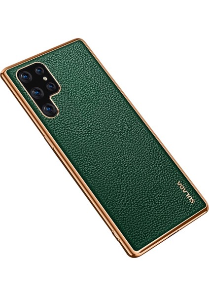 Galaxy S22 Ultra Için Litchi Doku Galvanik Pu Deri Kaplamalı Pc + Tpu Hibrit Telefon Kılıfı - Yeşil (Yurt Dışından)