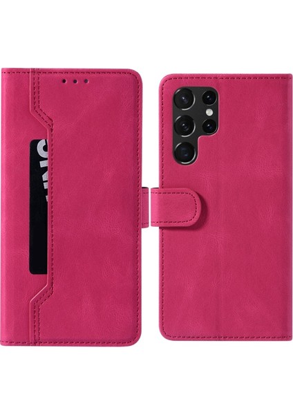 Galaxy S22 Ultra Için Cüzdan Tasarımlı Dikişli Koruyucu Deri Telefon Kılıfı - Pembe (Yurt Dışından)