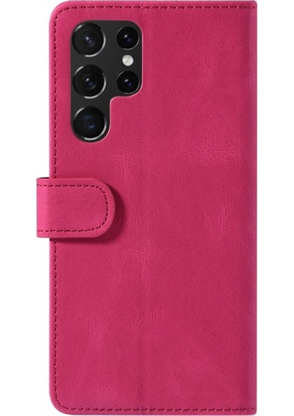 Galaxy S22 Ultra Için Cüzdan Tasarımlı Dikişli Koruyucu Deri Telefon Kılıfı - Pembe (Yurt Dışından)