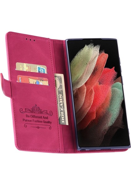 Galaxy S22 Ultra Için Cüzdan Tasarımlı Dikişli Koruyucu Deri Telefon Kılıfı - Pembe (Yurt Dışından)