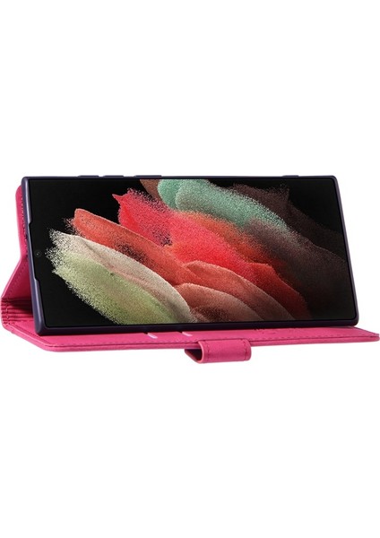 Galaxy S22 Ultra Için Cüzdan Tasarımlı Dikişli Koruyucu Deri Telefon Kılıfı - Pembe (Yurt Dışından)