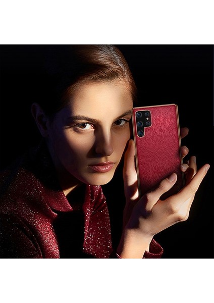Galaxy S22 Ultra Için Litchi Doku Galvanik Pu Deri Kaplamalı Pc + Tpu Hibrit Telefon Kılıfı - Kırmızı (Yurt Dışından)