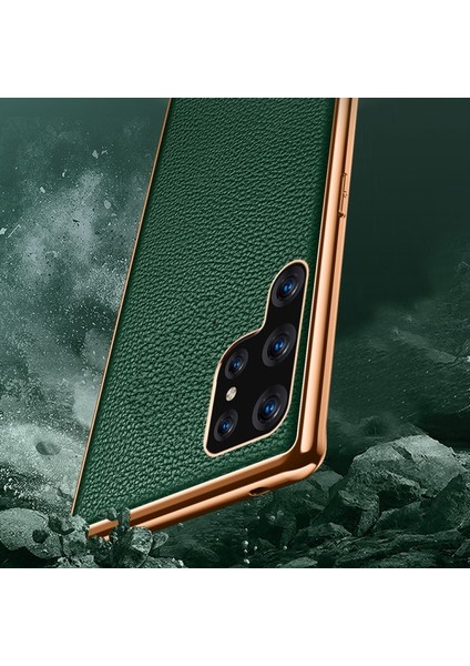Galaxy S22 Ultra Için Litchi Doku Galvanik Pu Deri Kaplamalı Pc + Tpu Hibrit Telefon Kılıfı - Kırmızı (Yurt Dışından)