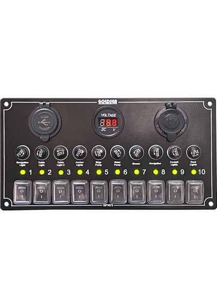 Swicth Panel 10 Anahtar Şarj USB Voltmetre Soketli Sigorta Paneli 125x240mm