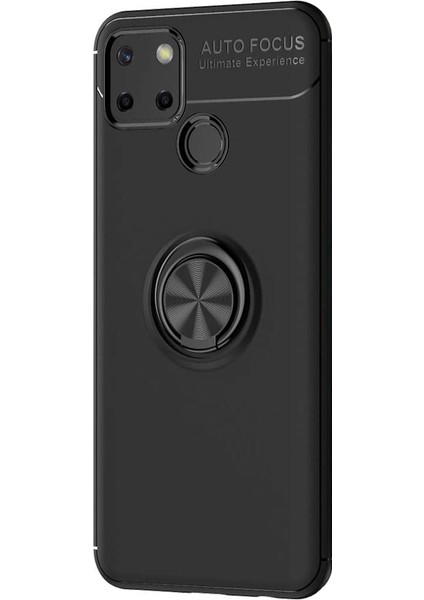 Realme C12 Focus Serisi Yüzük Standlı Silikon Kılıf - Siyah