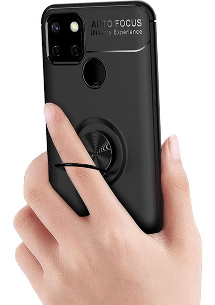 Realme C12 Focus Serisi Yüzük Standlı Silikon Kılıf - Siyah indirimleri