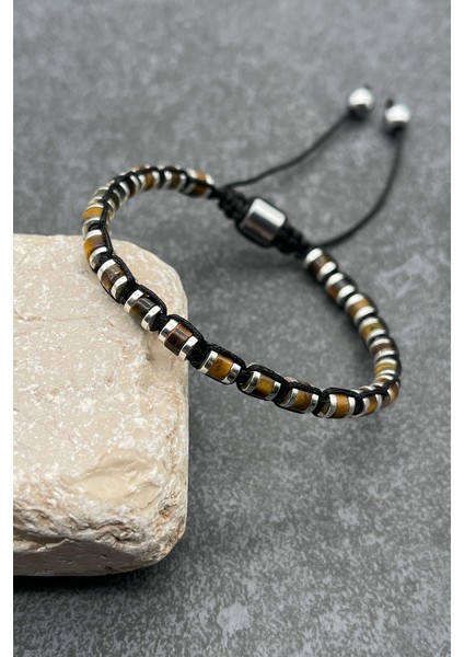 Kaplan Gözü Taşlı Kahverengi Renkli Ayarlanabilir Makrome Erkek Bileklik FRJ11442-1542-K