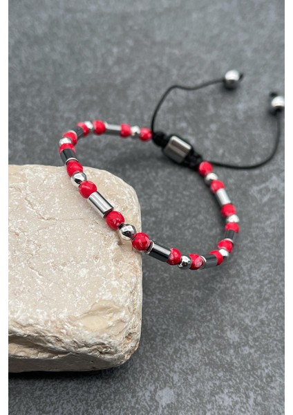 Hematit Doğal Taşlı Kırmızı Renkli Ayarlanabilir Makrome Erkek Bileklik FRJ11444-1544-K