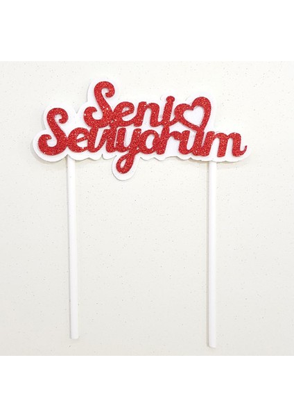 Çift Katlı Simli Eva Seni Seviyorum Pasta Süsü - Beyaz Üzeri Kırmızı
