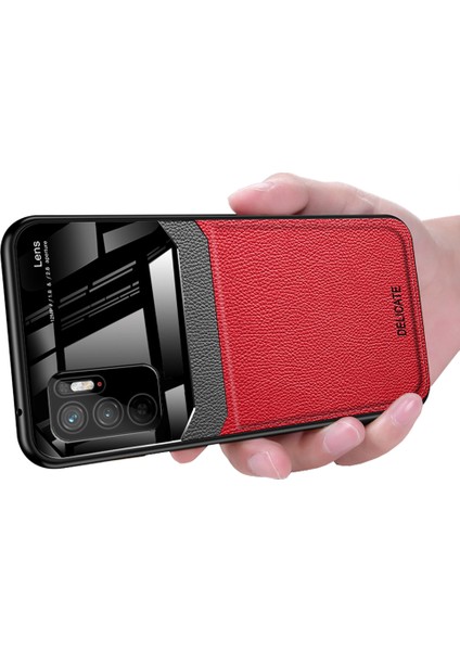 Xiaomi Redmi Note 10 5g Için Ince Litchi Tpu Bumper Hibrit Cam Korumalı Kılıf Kapaklı - Kırmızı (Yurt Dışından)
