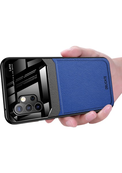 Samsung Galaxy A32 5g Için Ince Litchi Tpu Bumper Hibrit Cam Korumalı Kılıf Kapaklı - Mavi (Yurt Dışından)