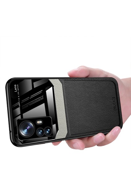 Xiaomi 12 Pro Için Ince Litchi Tpu Bumper Hibrit Cam Korumalı Kılıf Kapaklı - Siyah (Yurt Dışından)
