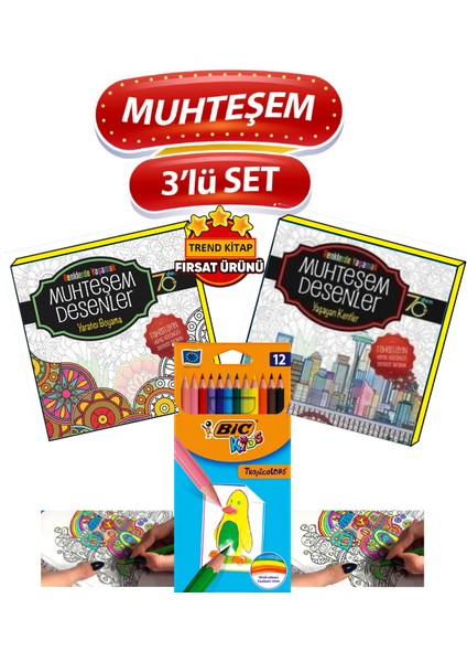 Yetişkinler için Mandala kitapları+Kuruboya kalemi