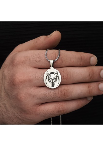 Kurt Motifli Oval Gümüş Erkek Kolye