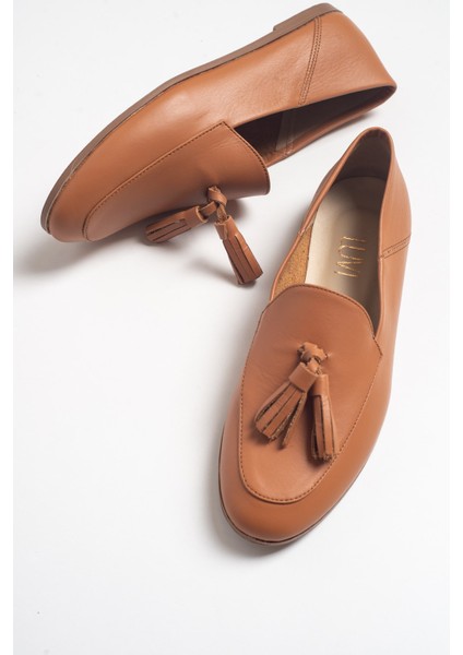 Taba Cilt Deri Kadın Ayakkabı Düz Taban Hakiki Deri Kullanıma Uygun Şık Tasarım