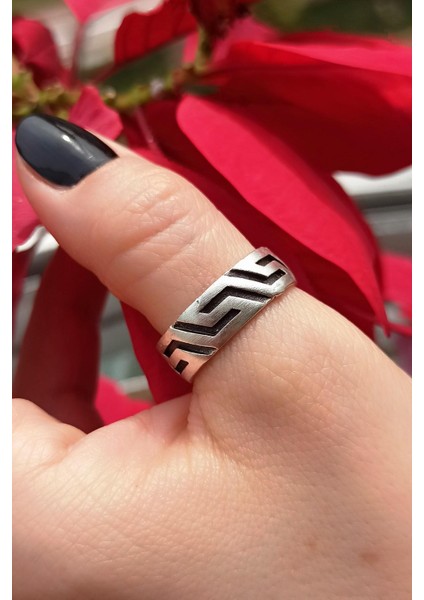 Antik Gümüş Kaplama Geometrik Şekilli El Yapımı Ayarlanabilir Erkek Yüzük