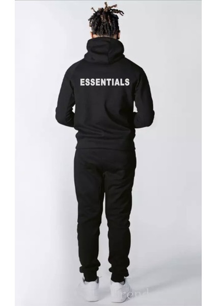 Büyük Beden Kapüşonlu Tam Fermuarlı Essentıals Sırt Baskılı Pamuk Oversize Dış Mekan Erkek Eşofman Takımı
