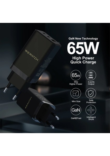 65W Gan Hızlı Şarj Cihazı 3 Çıkış 1 USB 2 Pd Port Süper Şarj