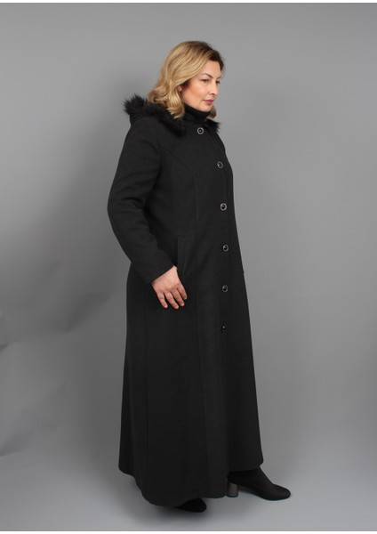 Büyük Beden Anne Kışlık Kaşmir Siyah Manto