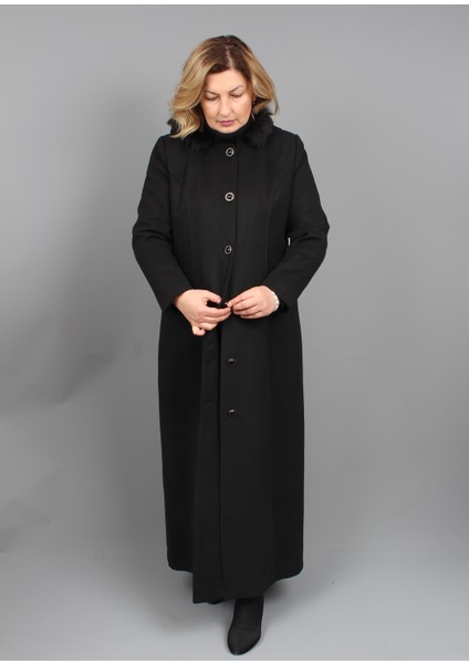 Büyük Beden Anne Kışlık Kaşmir Siyah Manto