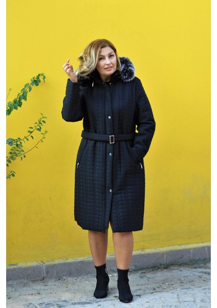 Jale Kadın Haki Kemerli Kapüşonlu Büyük Beden Kapitone Mont modelleri