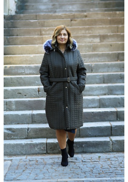 Jale Kadın Haki Kemerli Kapüşonlu Büyük Beden Kapitone Mont