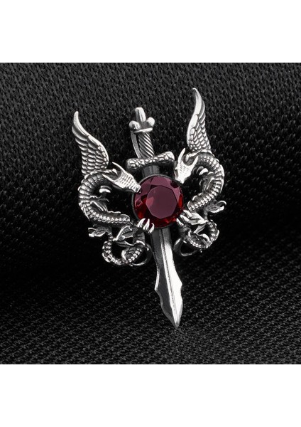 Çift Ejderha Tasarımlı Detaylı Kırmızı Zirkon Taşlı 925 Ayar Gümüş Kolye Ucu