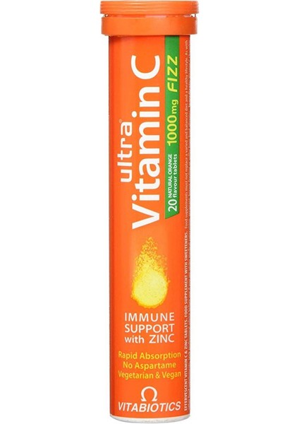 Ultra Vitamin C - C Vitamini ve Çinko Içeren Takviye Edici Gıda(Portakal) 1000MG 20 Tablet