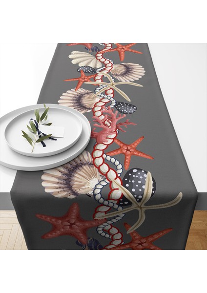 Marin Runner 40 x 140 cm Desenli Kalın Keten Dokuma Marin Masa Örtüsü Runner