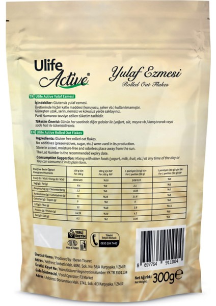 Active Glutensiz Yulaf Ezmesi 300 Gr.- 12 Adet