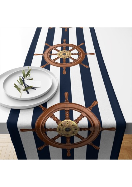 Marin Runner 40 x 140 cm Desenli Kalın Keten Dokuma Marin Masa Örtüsü Runner