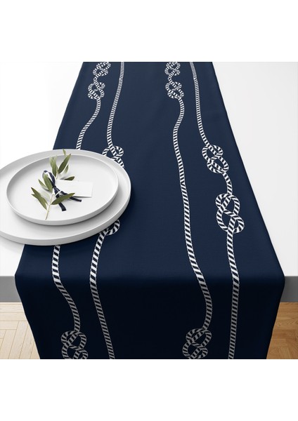 Marin Runner 40 x 140 cm Desenli Kalın Keten Dokuma Marin Masa Örtüsü Runner