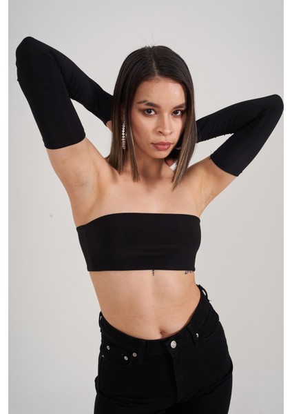 Kadın Siyah Straplez Crop Kol Detaylı Noir Bluz